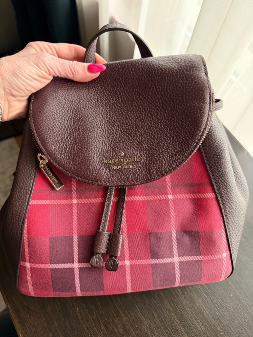 kate spade Burgundy and Pink Plaid Leather-Trim Backpack